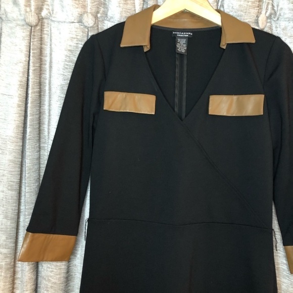 Doncaster Collection Black Collared Faux Wrap Dress with Leather Trim Size 2 - Picture 3 of 12